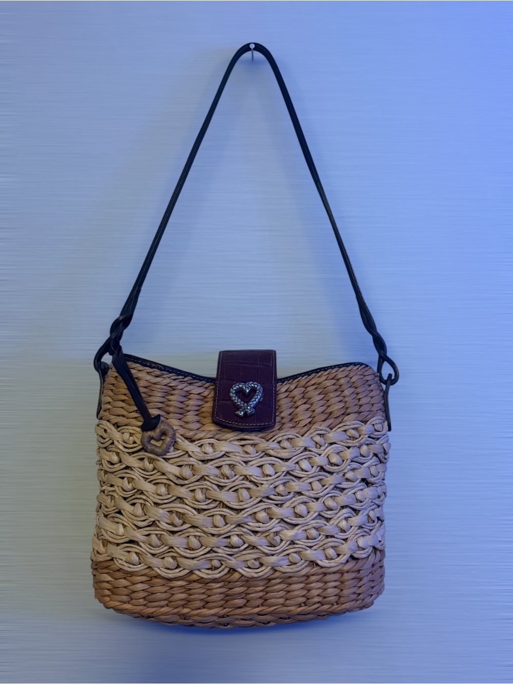 Brighton brand Woven Straw Shoulder Bag with Heart Accent - Natural